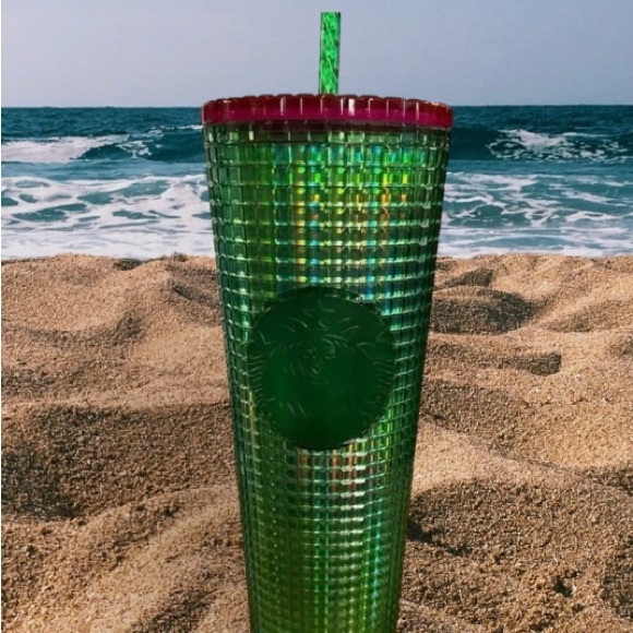 Starbucks Green & Pink Grid Cup Watermelon Iridescent Tumbler Venti 24oz New - Picture 13 of 16